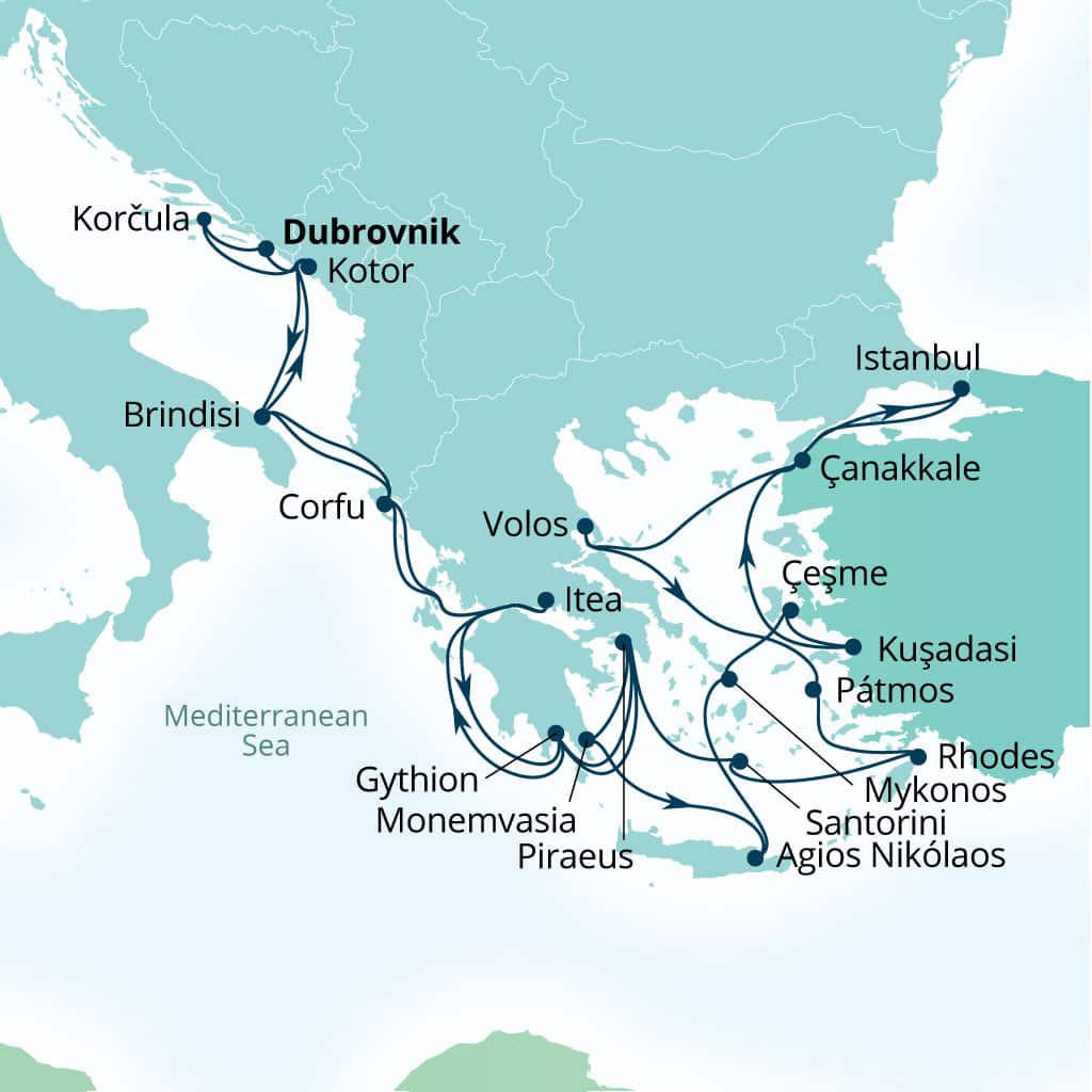 Itinerary map of 29-Day Mediterranean Medley: Croatia, Greece & Italy