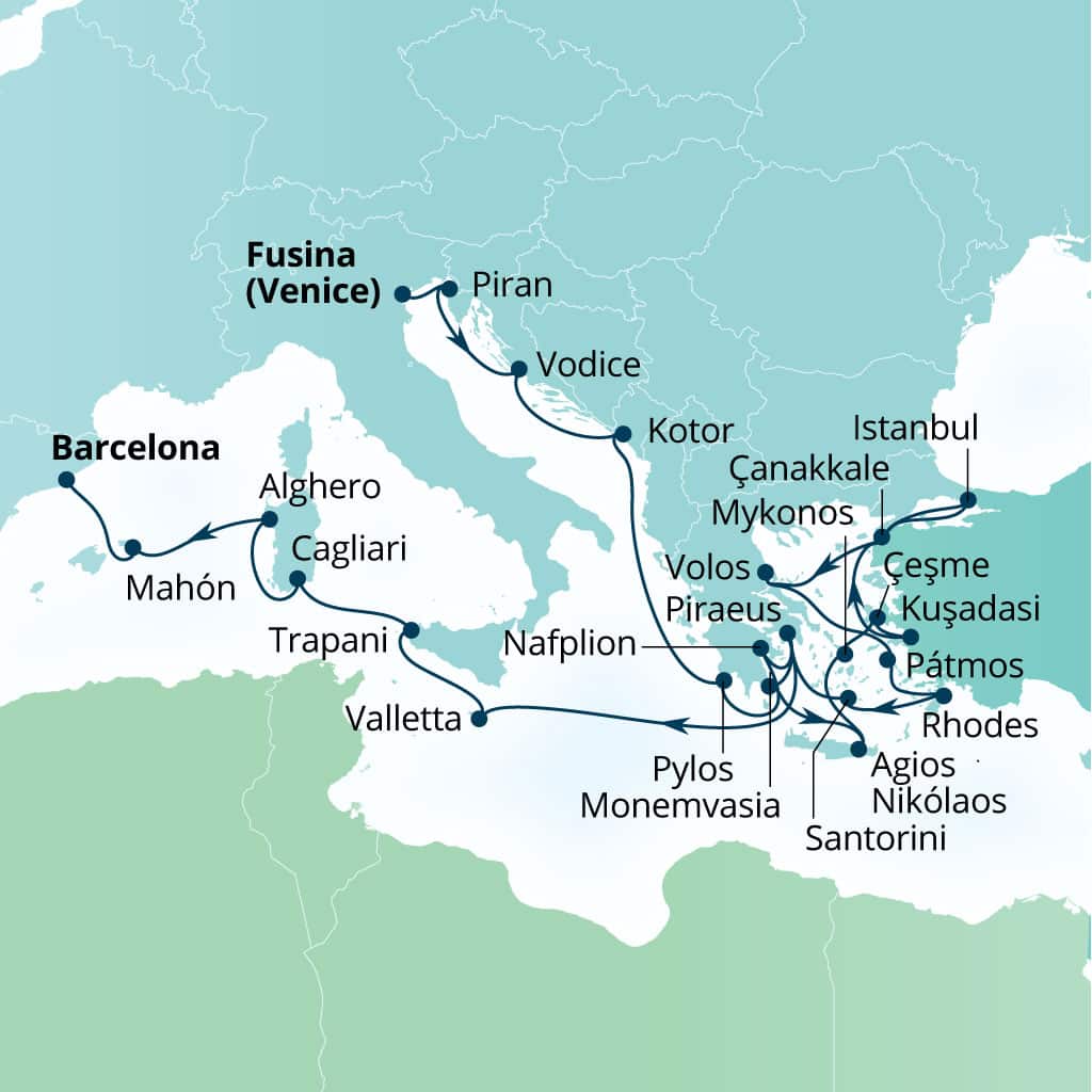 Itinerary map of 28-Day Mediterranean Medley: Greece, Ephesus & Spain
