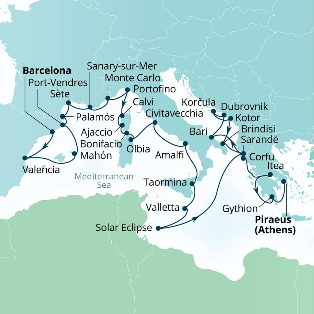 Itinerary map of 30-Day Solar Eclipse: Spain, France, Italy & Greece