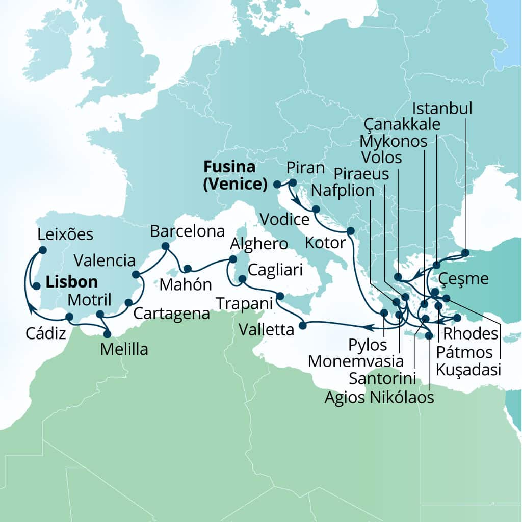 Itinerary map of 36-Day Ultimate Mediterranean: From Balkan Gems To Spain