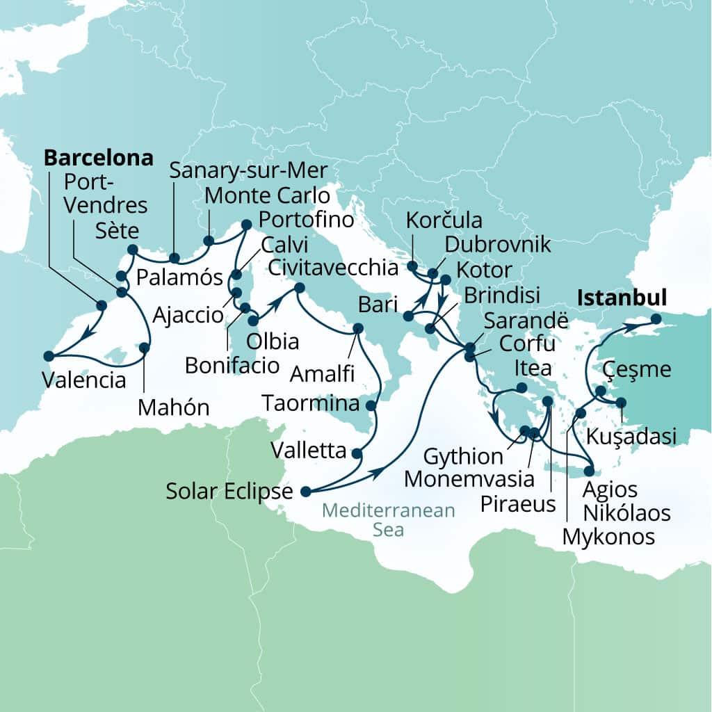 Itinerary map of 37-Day Solar Eclipse: Riviera Gems & Greek Isles