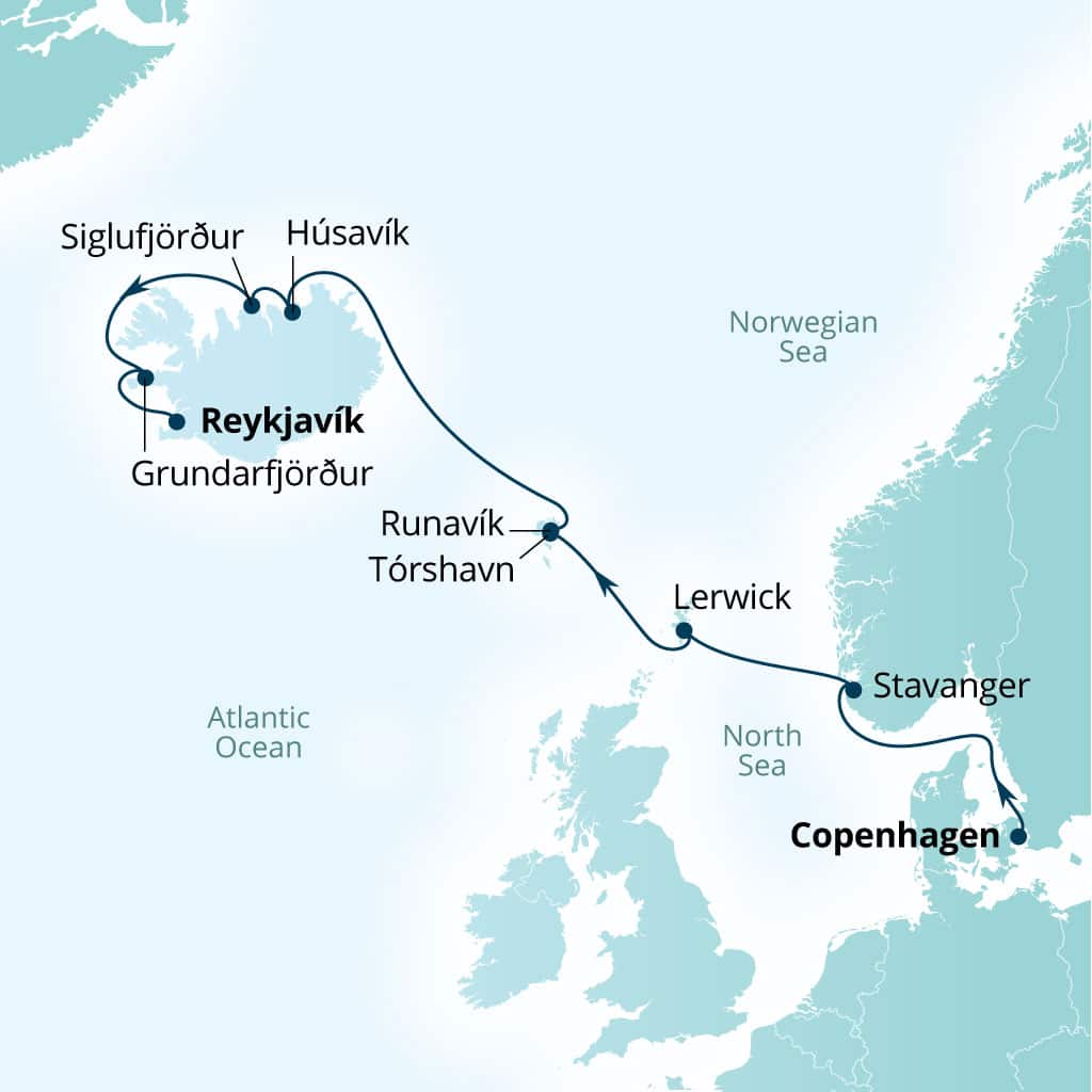 Itinerary map of 10-Day Fjords, Folklore & Faroe Islands