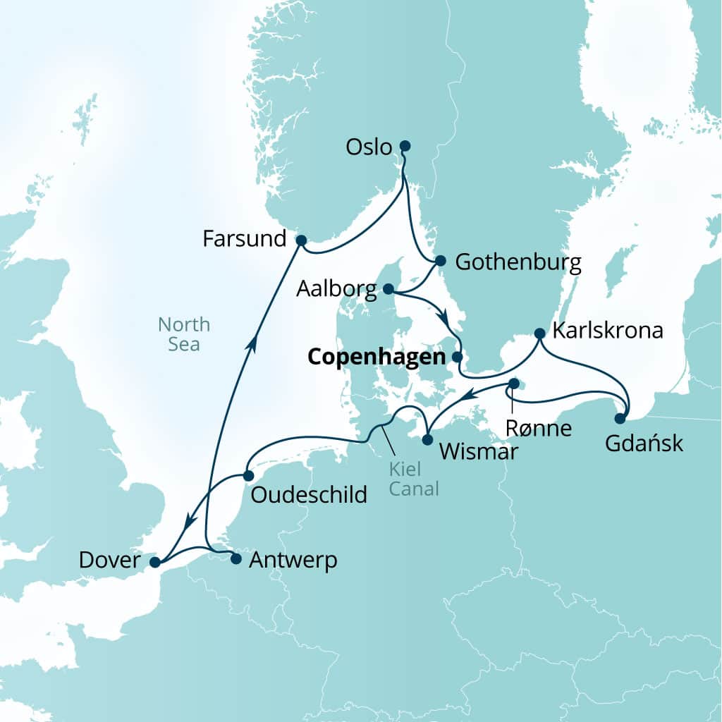 Map of itinerary 14-Day Baltic Sea, Kiel Canal & Dover