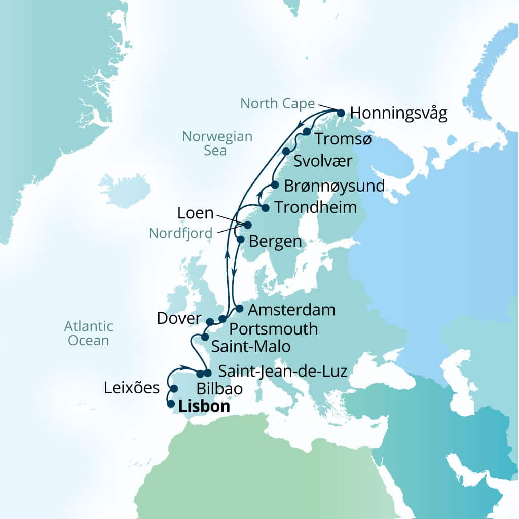 Itinerary map of 22-Day From The Atlantic Arc To The Midnight Sun