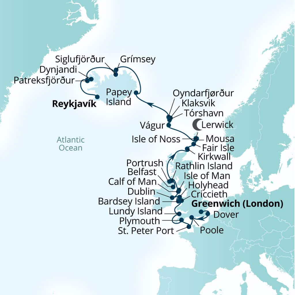 Itinerary map of 26-Day Wild British Isles & North Atlantic