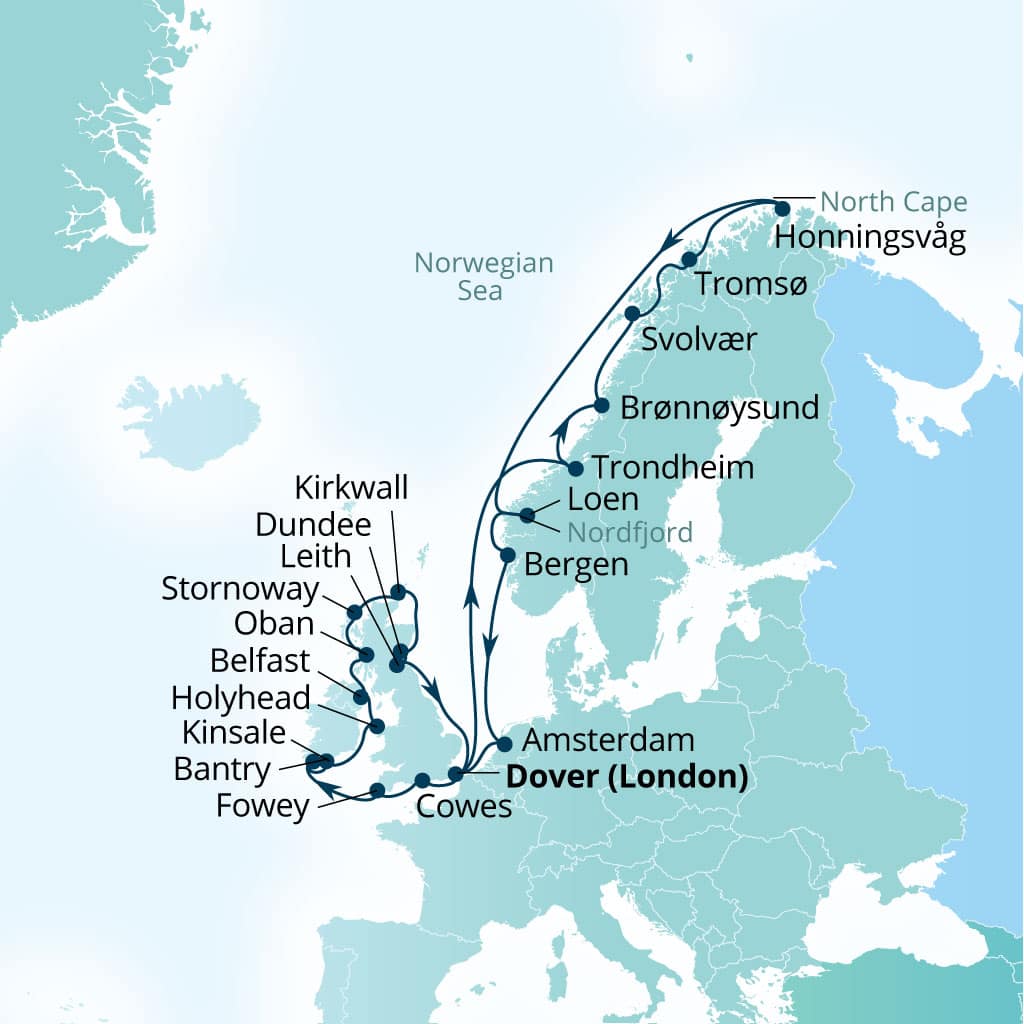 Itinerary map of 28-Day The British Isles & Norwegian Fjords