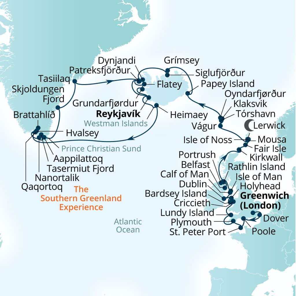 Itinerary map of 40-Day Wild British Isles, North Atlantic & Greenland