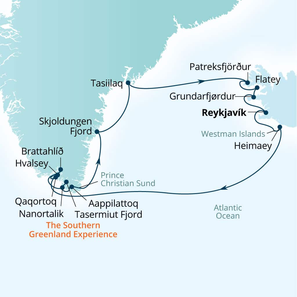 Itinerary map of 14-Day Southeast Greenland And Iceland