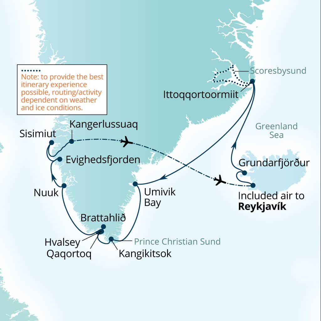 Itinerary map of 15-Day Greenland & Exploring Scoresbysund
