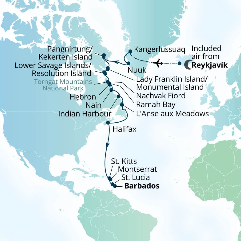 Itinerary map of 23-Day Wild Labrador Coast & Southern Caribbean