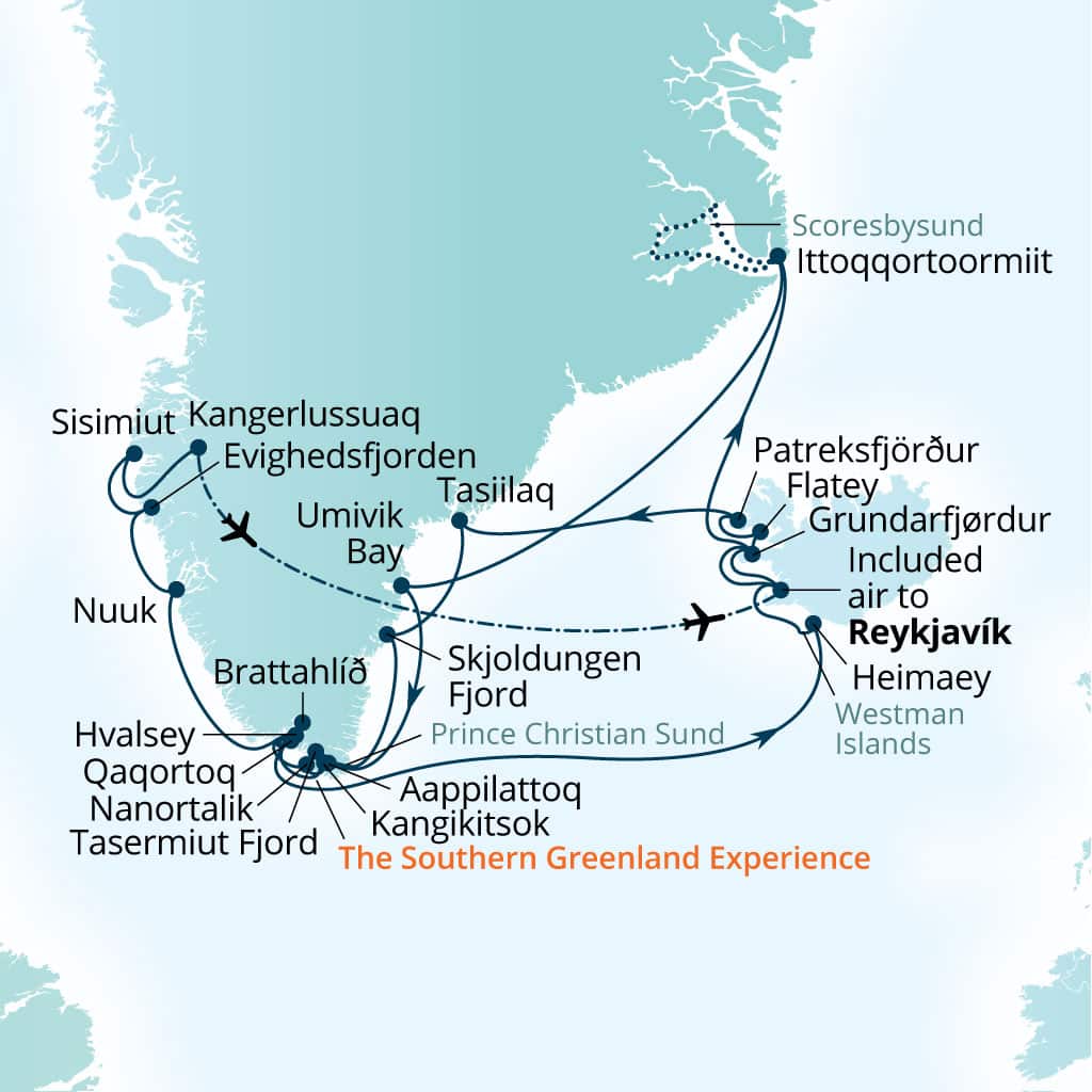 Itinerary map of 29-Day Iceland, Greenland & Exploring           Scoresbysund