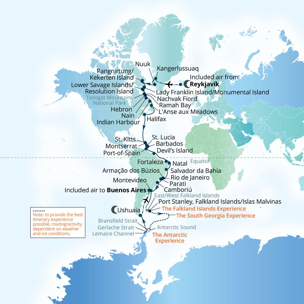 Itinerary map of 64-Day Labrador Coast, Caribbean, South America & Scotia Arc