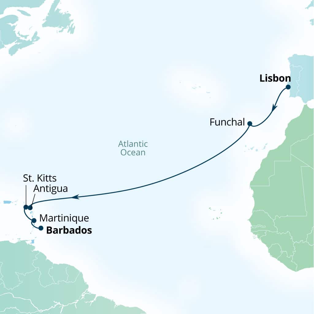 Itinerary map of 13-Day Atlantic Crossing