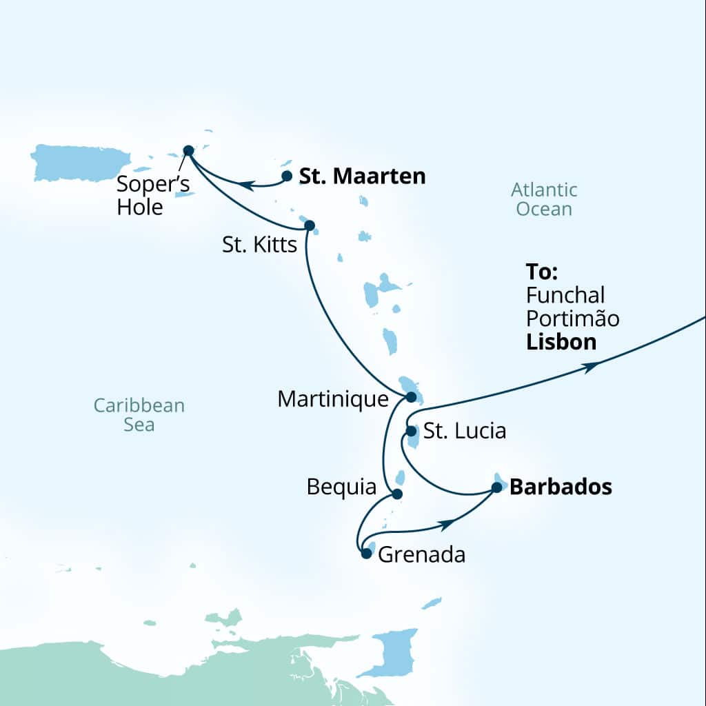 Itinerary map of 19-Day Yachtsman's Caribbean & Atlantic Passage