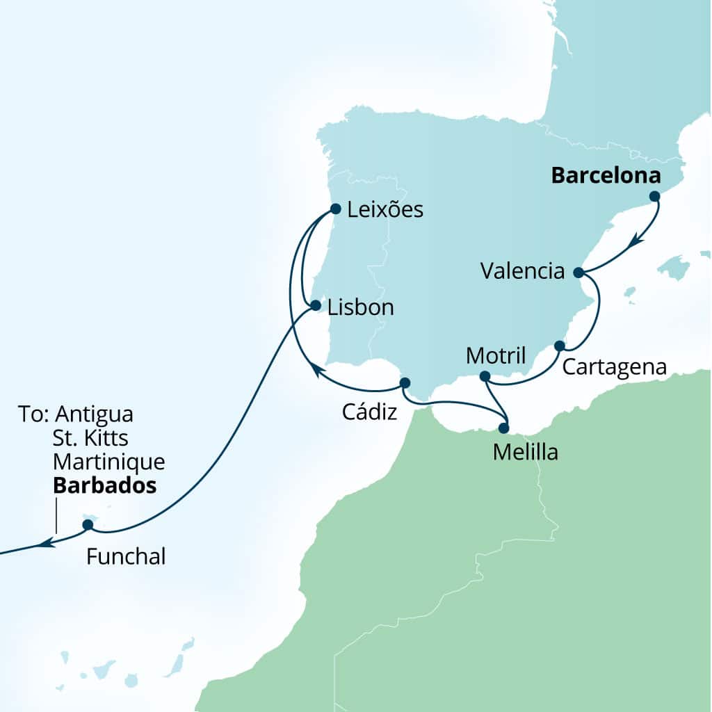 Itinerary map of 21-Day Atlantic Crossing & Iberian Peninsula