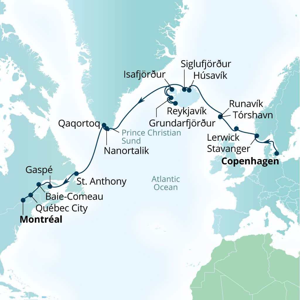 Itinerary map of 24-Day Fjords, Folklore & Canada Fall Foliage