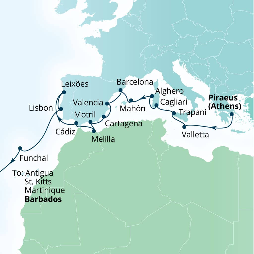Itinerary map of 28-Day Mediterranean Medley & Atlantic Crossing