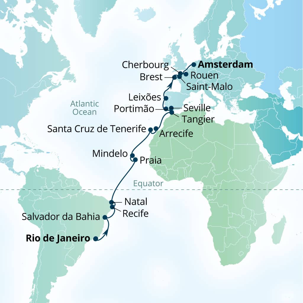 Itinerary map of 31-Day South America, Canary Islands, Spain & France