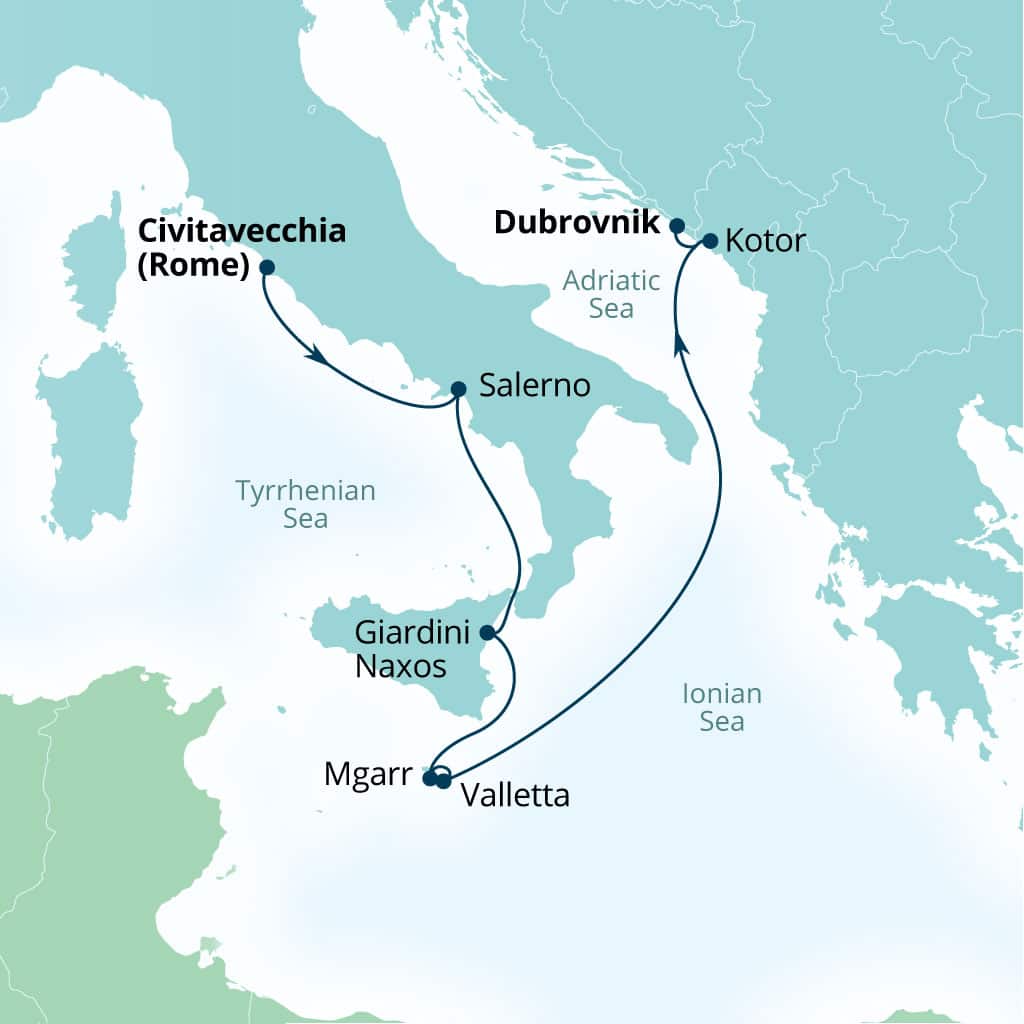 Itinerary map of 7-Day Exploring Italy, Malta & Montenegro