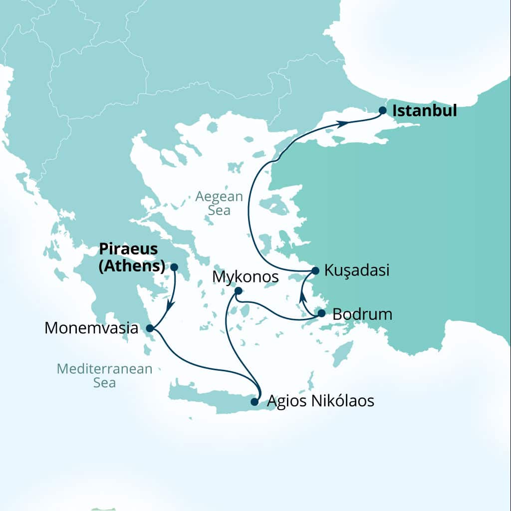 Itinerary map of 7-Day Crete, Mykonos & Evening At Ephesus