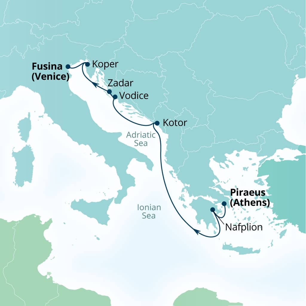 Itinerary map of 7-Day Hidden Gems Of Greece, Croatia & Slovenia