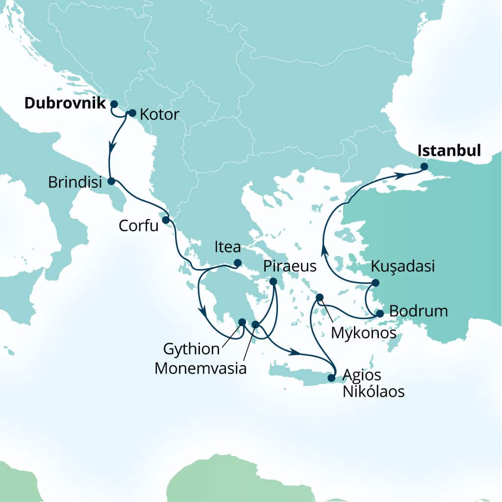 Itinerary map of 14-Day Montenegro, Italy, Greek Isles & Evening At Ephesus