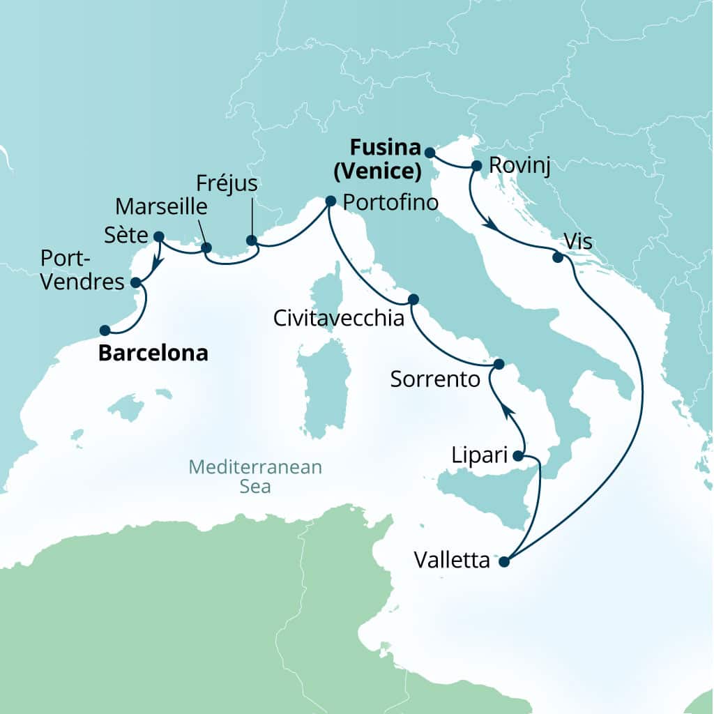 Itinerary map of 14-Day Dalmatian Gems, Malta, Southern France