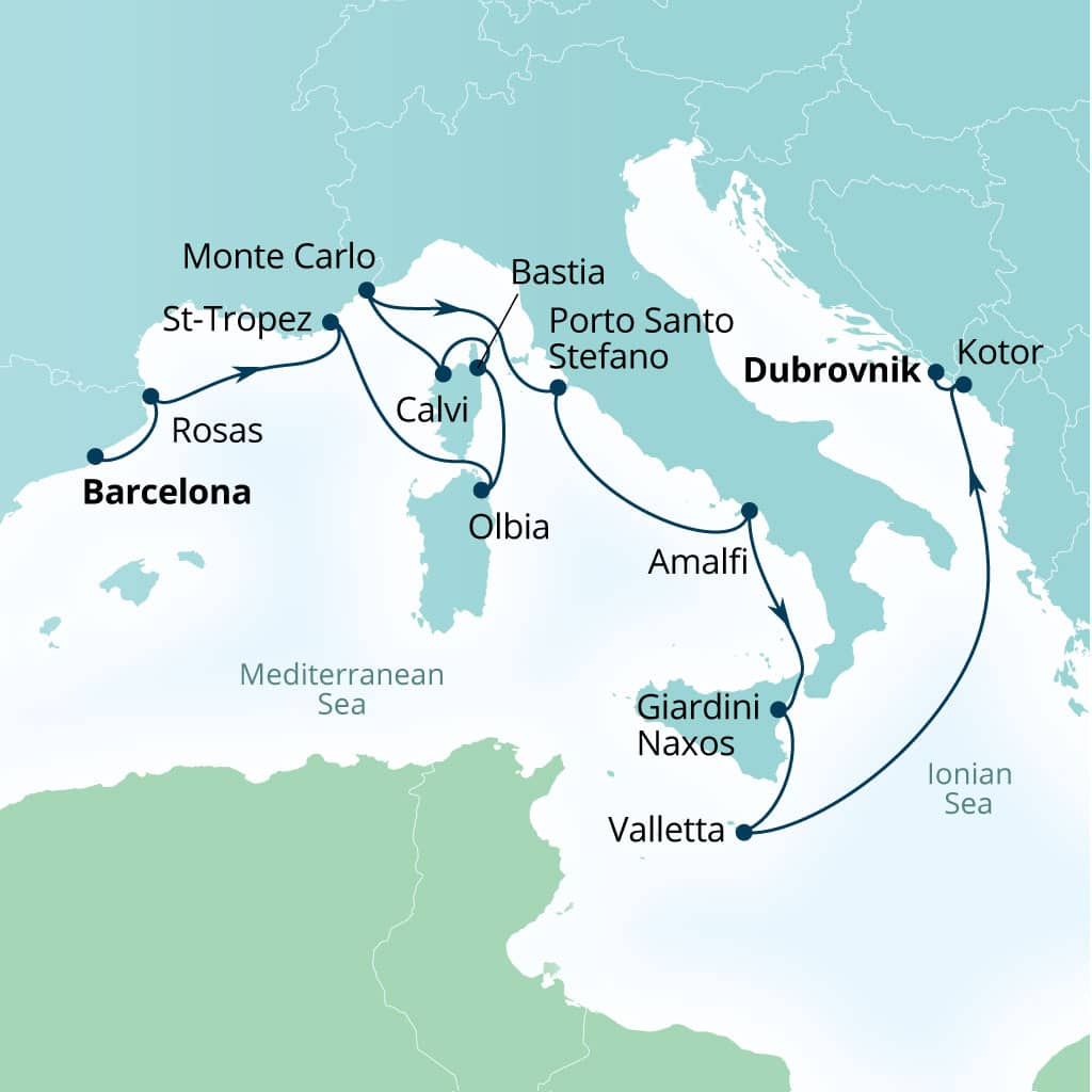 Itinerary map of 14-Day Exploring French Yacht Harbors & Mediterranean Isles