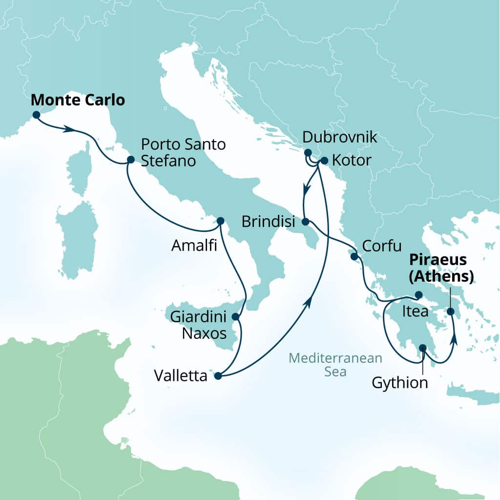 Itinerary map of 14-Day Exploring Pompeii, Sicily, Montenegro & Greece