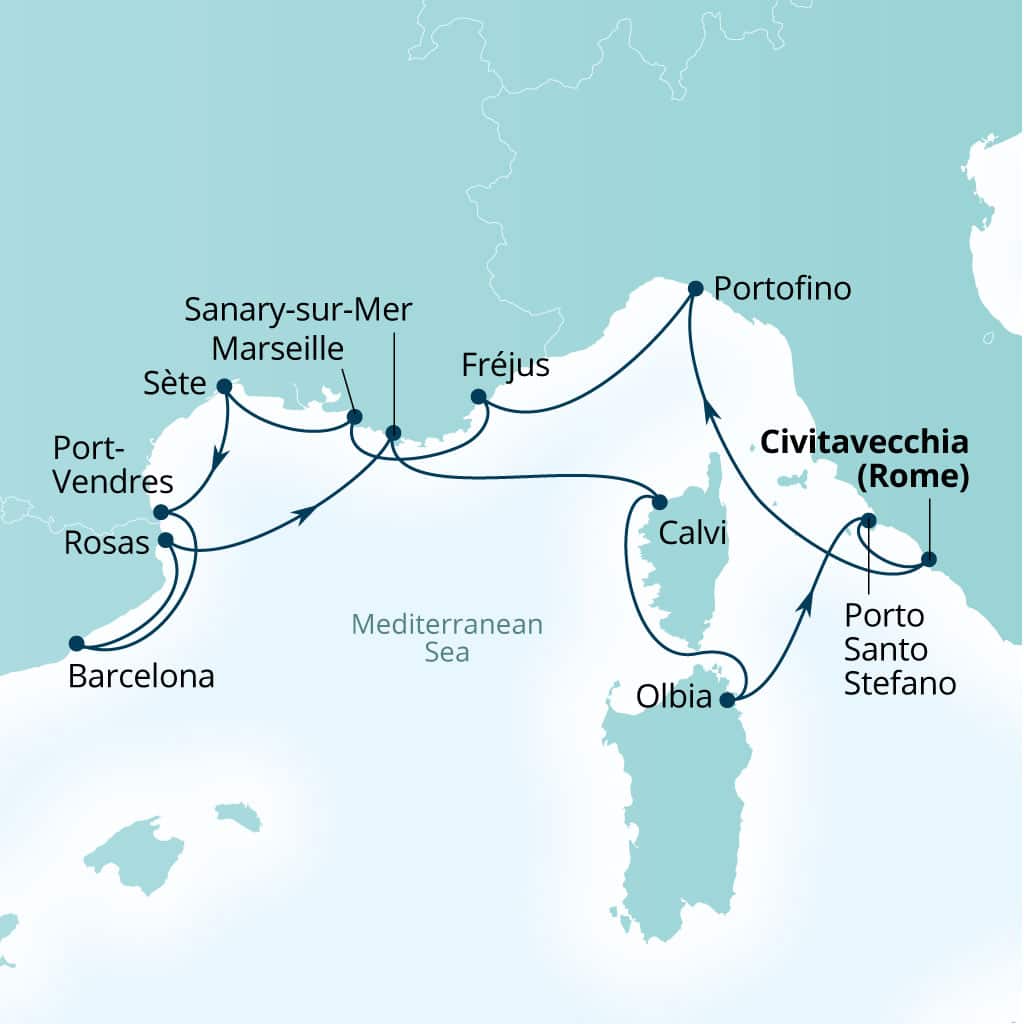 Itinerary map of 14-Day French Yacht Harbors, Southern France, Spain & Italy