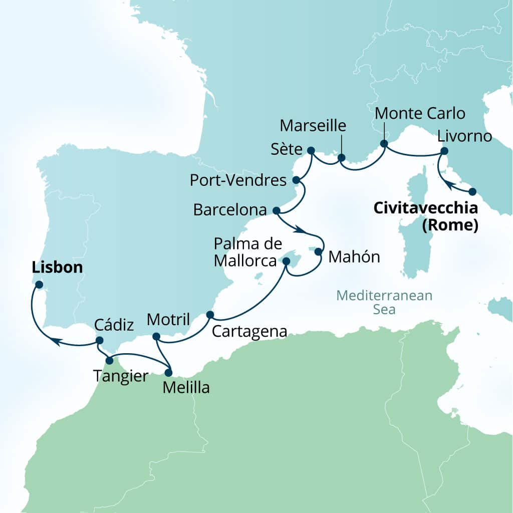Itinerary map of 16-Day Riviera Yacht Harbors Of France & Spain