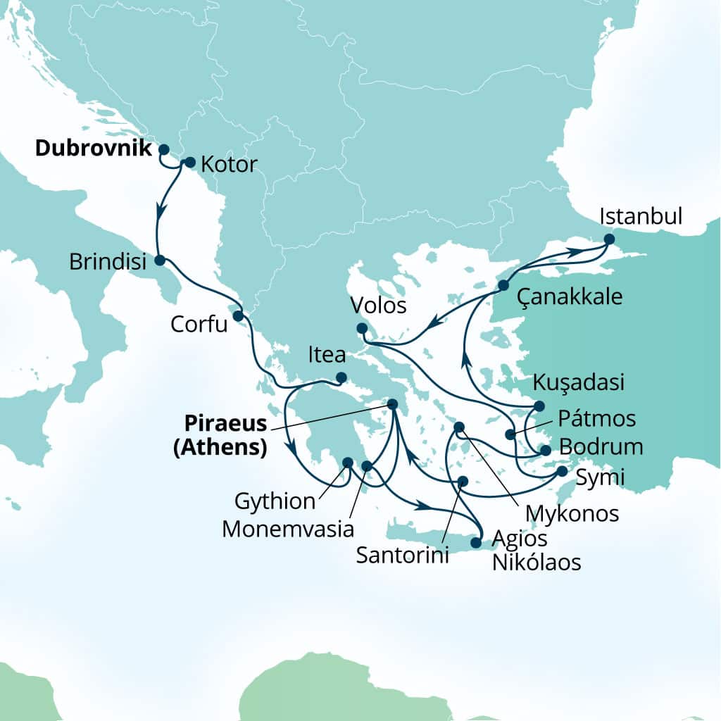 Itinerary map of 21-Day Montenegro, Italy, Greece & Evening At Ephesus