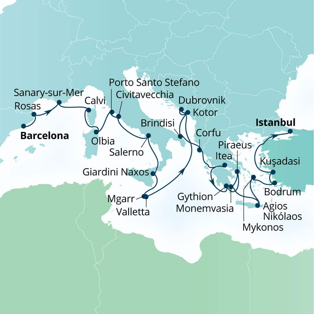 Itinerary map of 28-Day Exploring Spain, Greek Isles & Evening At Ephesus
