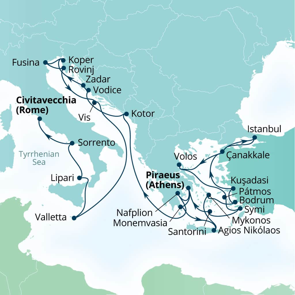 Itinerary map of 28-Day Greek Isles, Evening At Ephesus & Dalmatian Gems