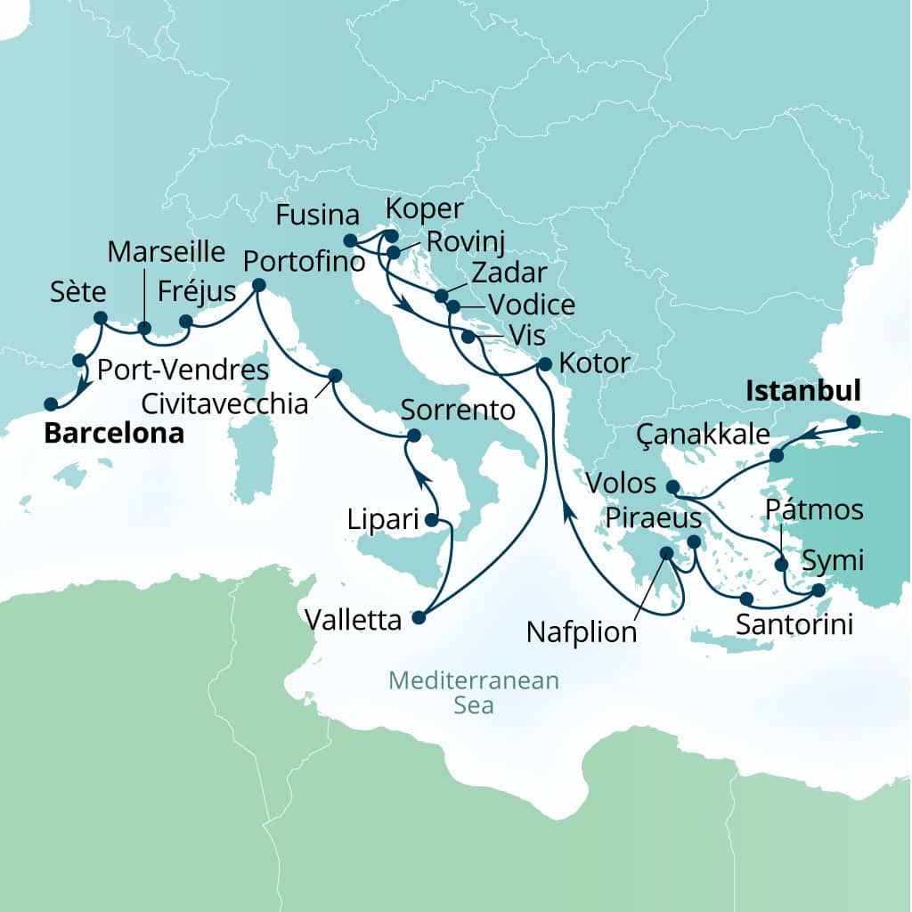 Itinerary map of 28-Day Yacht Harbor Exploration: The Aegean To Cote D'azur