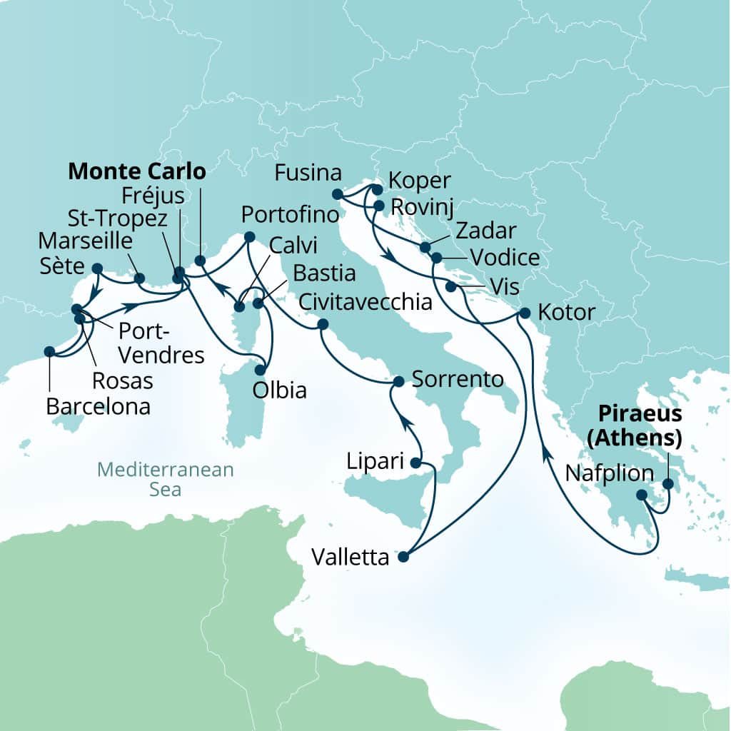 Itinerary map of 28-Day Greece, Croatia, Slovenia & French Yacht Harbors