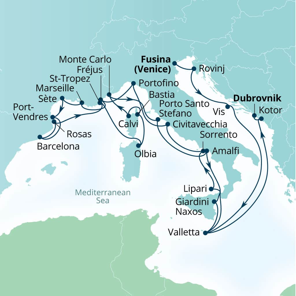 Itinerary map of 28-Day Dalmatian Coast, Cote D'azur, Sardinia & Corsica