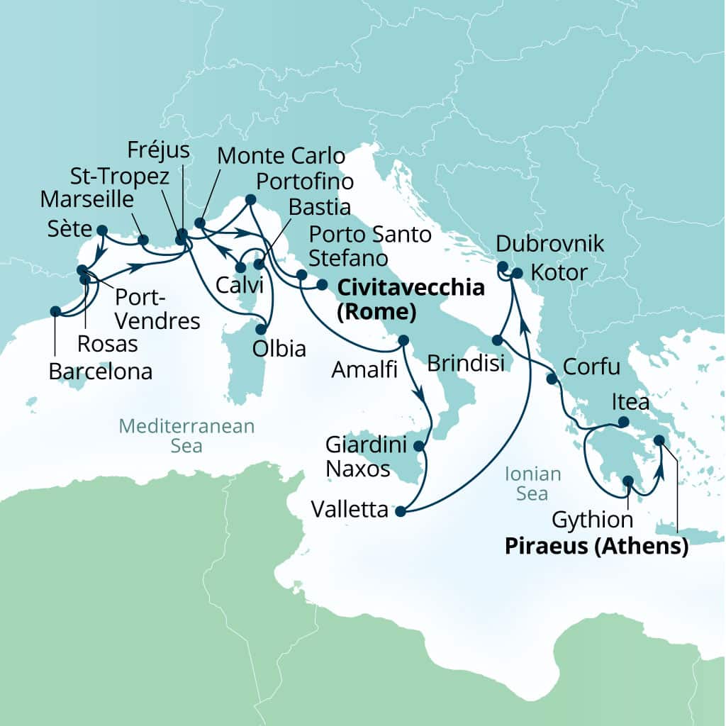 Itinerary map of 28-Day Hidden Harbors Of France, Spain, Italy & Greece