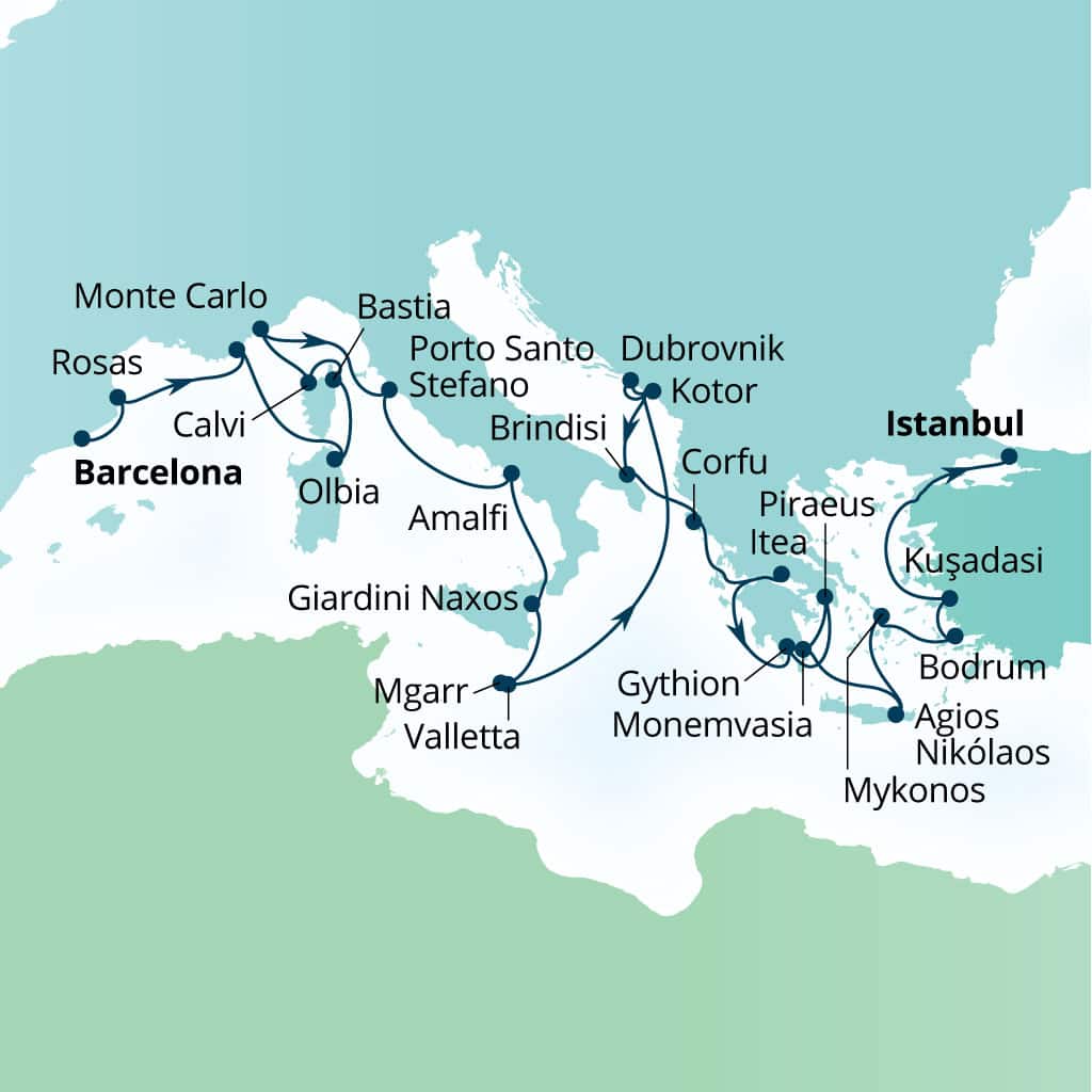 Itinerary map of 28-Day France, Italy, Greece & Evening At Ephesus