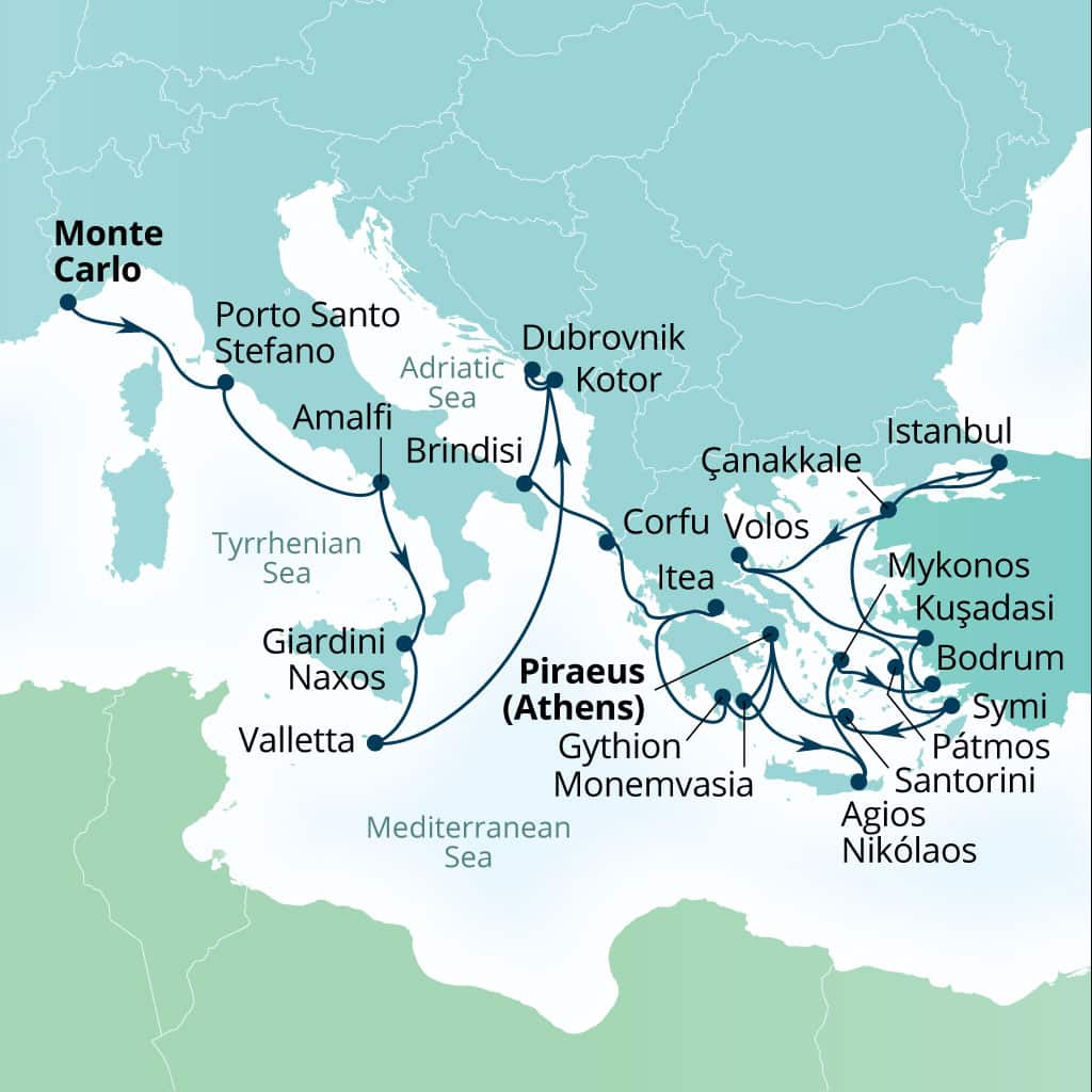 Itinerary map of 28-Day Mediterranean Yacht Harbors & Evening At Ephesus