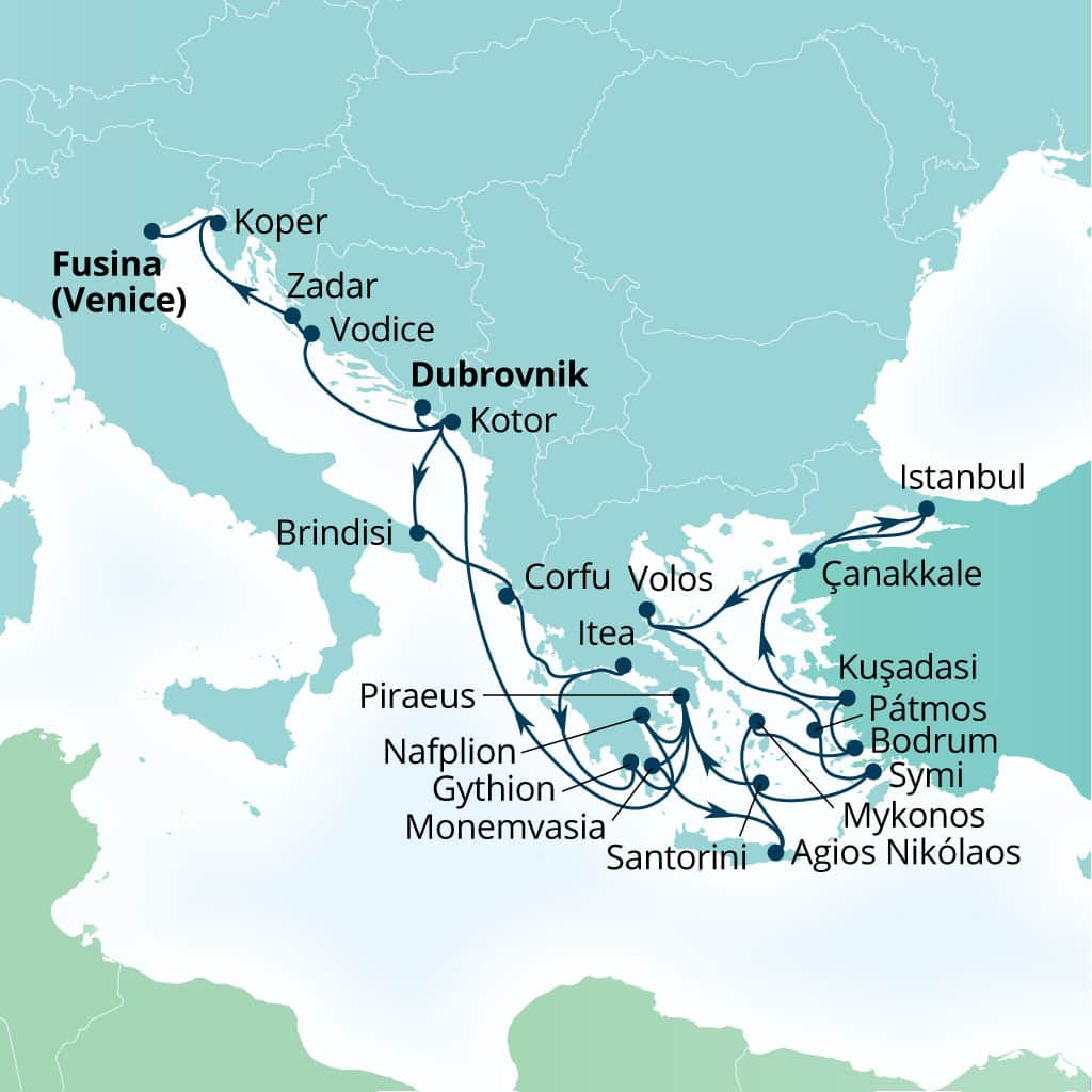 Itinerary map of 28-Day Italy, Greek Yacht Harbors, Croatia & Slovenia