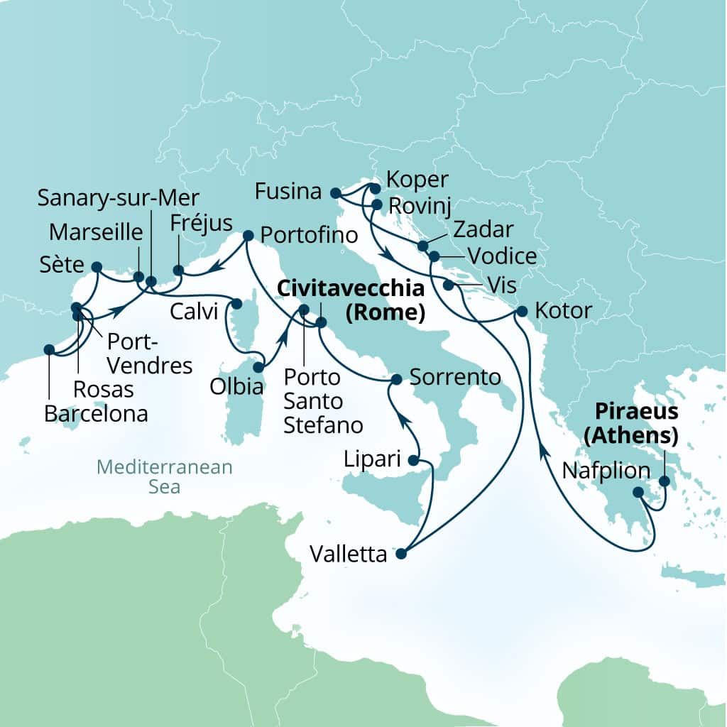 Itinerary map of 28-Day Greece, Croatia, Slovenia & French Yacht Harbors