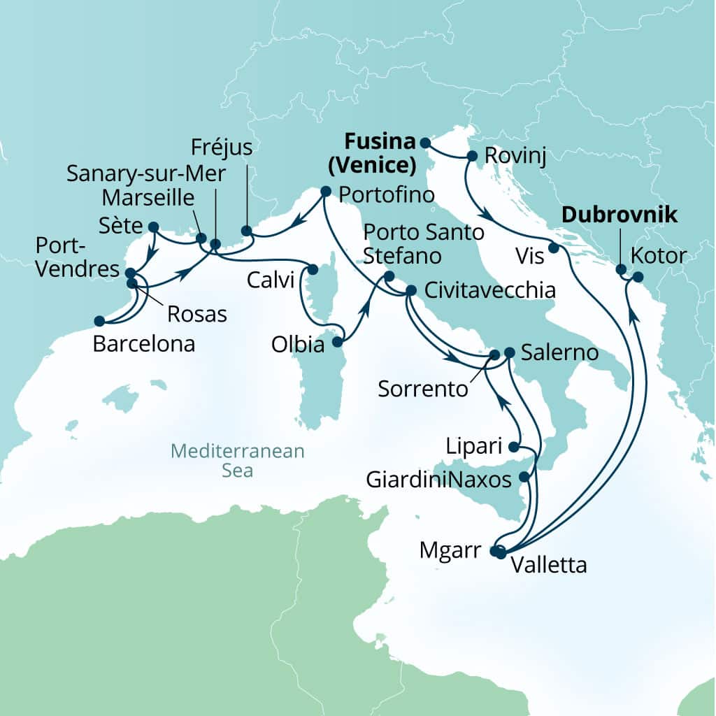 Itinerary map of 28-Day Dalmatian Coast, Cote D'azur, Sardinia & Corsica