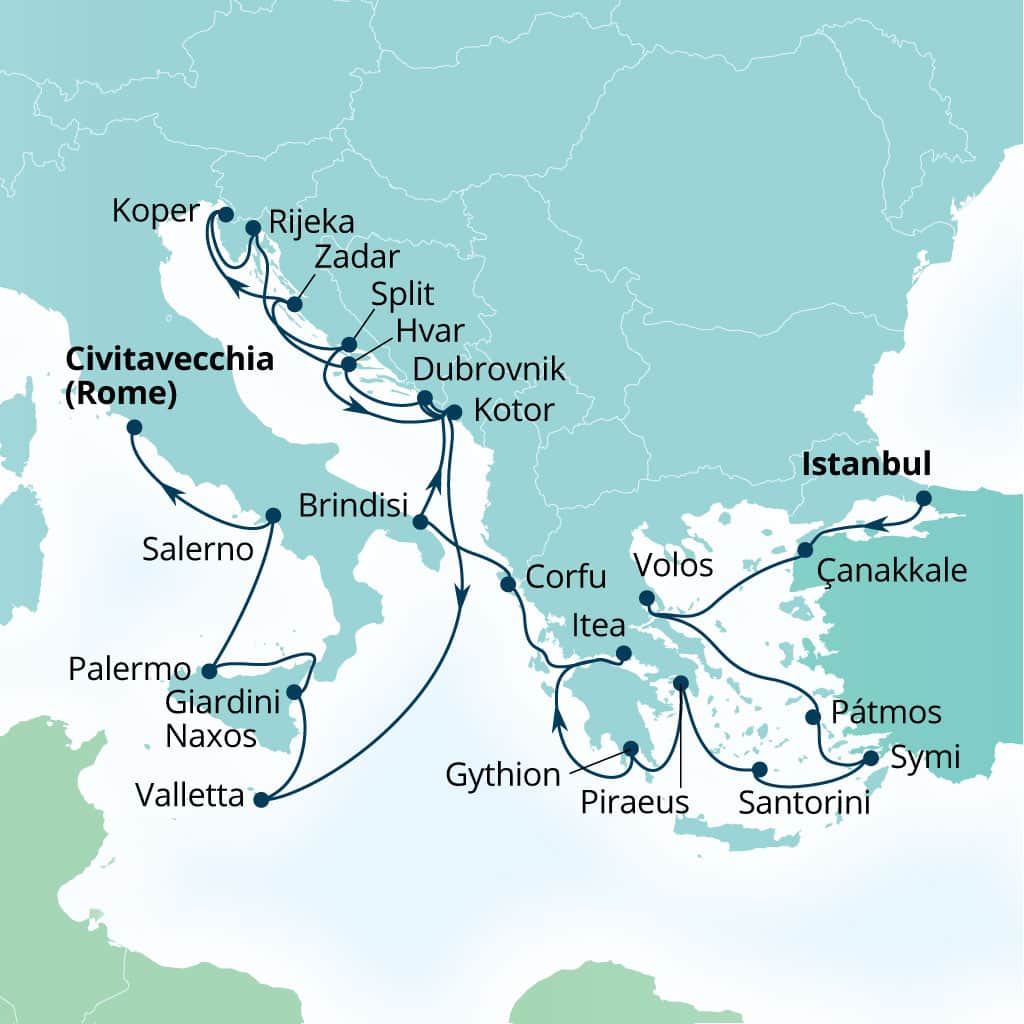 Itinerary map of 28-Day Yacht Harbor Exploration: From The Aegean To Italy