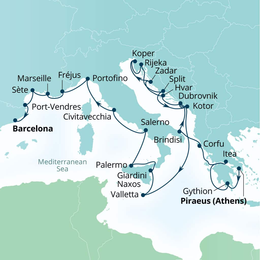 Itinerary map of 28-Day Hidden Gems Of Italy, Greece & French Yacht Harbors