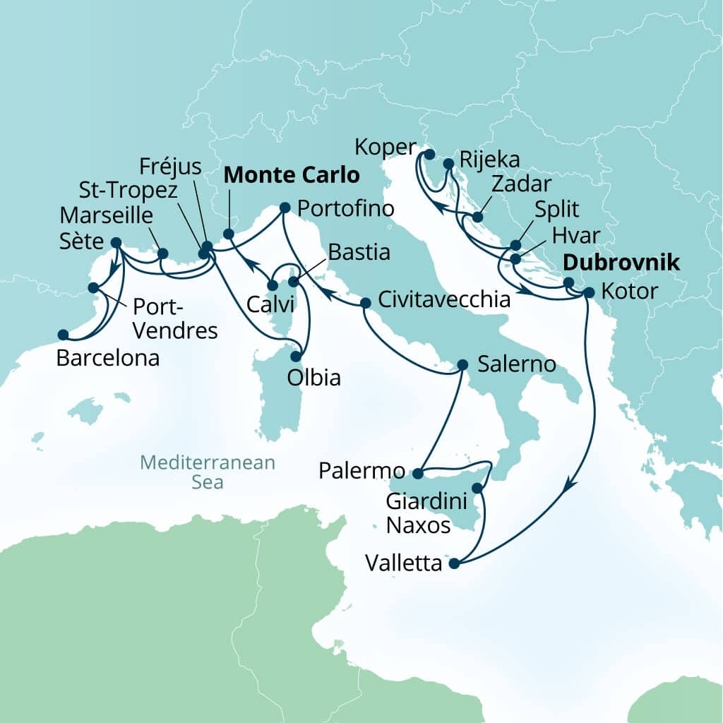 Itinerary map of 28-Day Exploring The Dalmatian Coast, Cote D'azur & Corsica