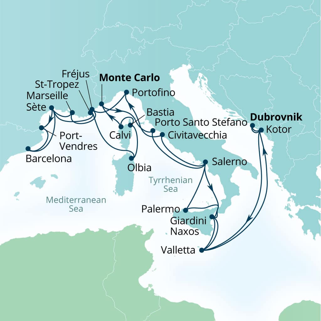 Itinerary map of 28-Day French Yacht Harbors, Pompeii, Sicily & Montenegro