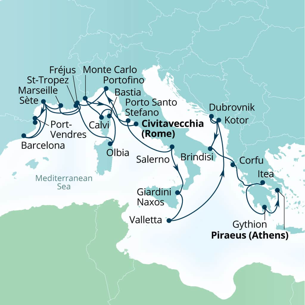 Itinerary map of 28-Day Hidden Harbors Of France, Spain, Italy & Greece