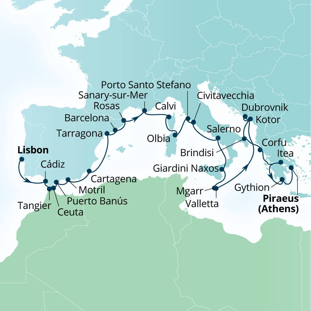 Itinerary map of 30-Day Hidden Riviera Gems, Malta, Montenegro & Greece