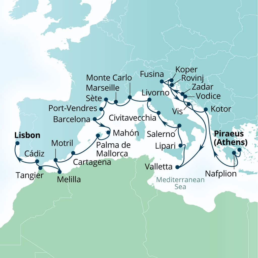 Itinerary map of 30-Day Hidden Riviera Gems, Malta, Montenegro & Greece